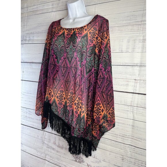 Ivy Jane Size S Boho Festival Fringe Kimono Bell Sleeve Asymetrical Sheer Blouse - Picture 5 of 12